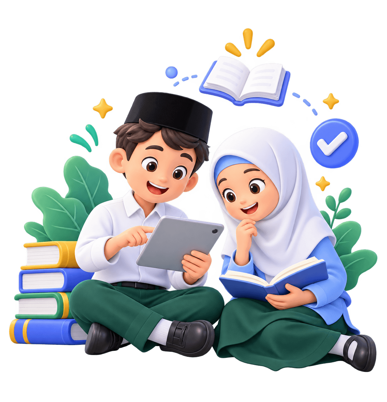Dua siswa Al-Hilmi belajar bersama menggunakan tablet dan buku.
