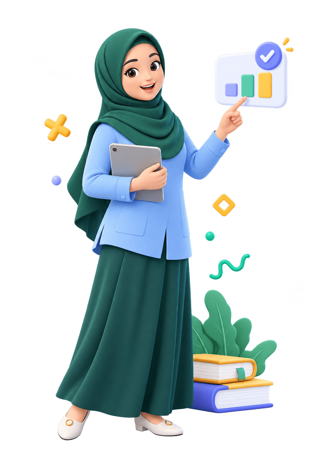 Guru Al-Hilmi berhijab menggunakan tablet untuk menjelaskan grafik asesmen.
